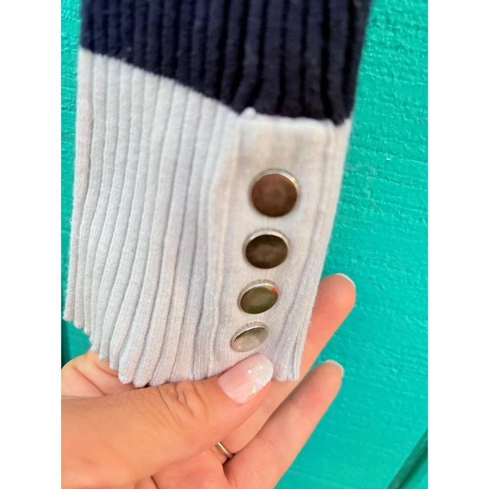Striped Ribbed Knit Long Sleeve Top Nautical Button‎ Detail Navy White L